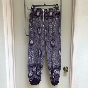Purple Elephant Pattern Parachute Pants
